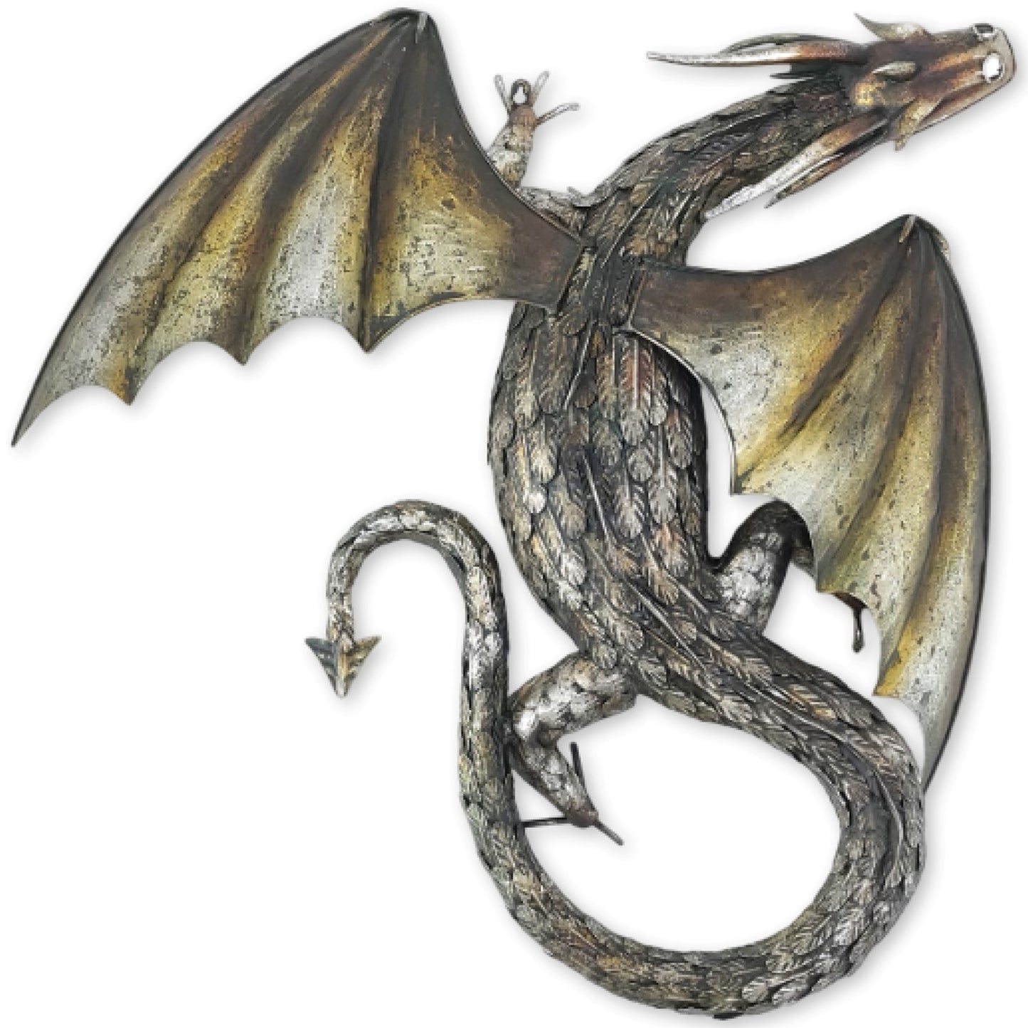 Decorative metal wall dragon sculpture on a white background