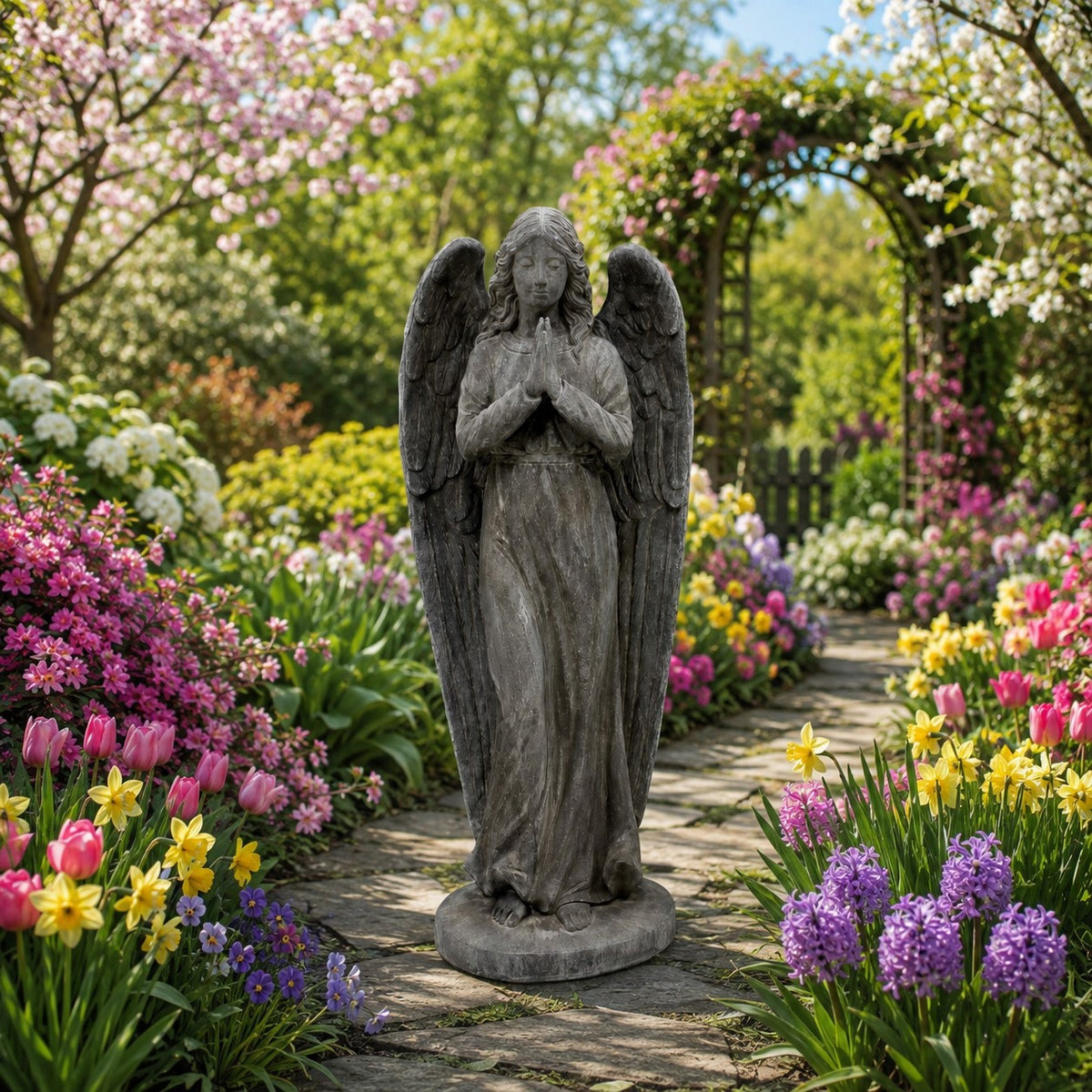 A gray stone angel statue with outstretched wings stands centered on a garden path, surrounded by blooming flowers, greenery, and an arched floral tunnel in a sunny garden setting.