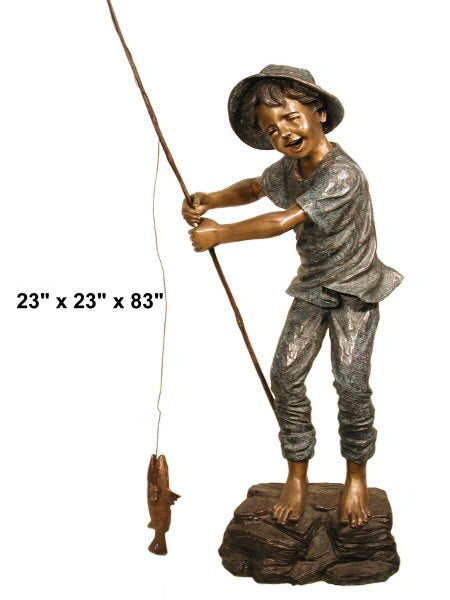 Young angler boy fishing bronze sculpture capturing a joyful moment with his catch Life size garden statue