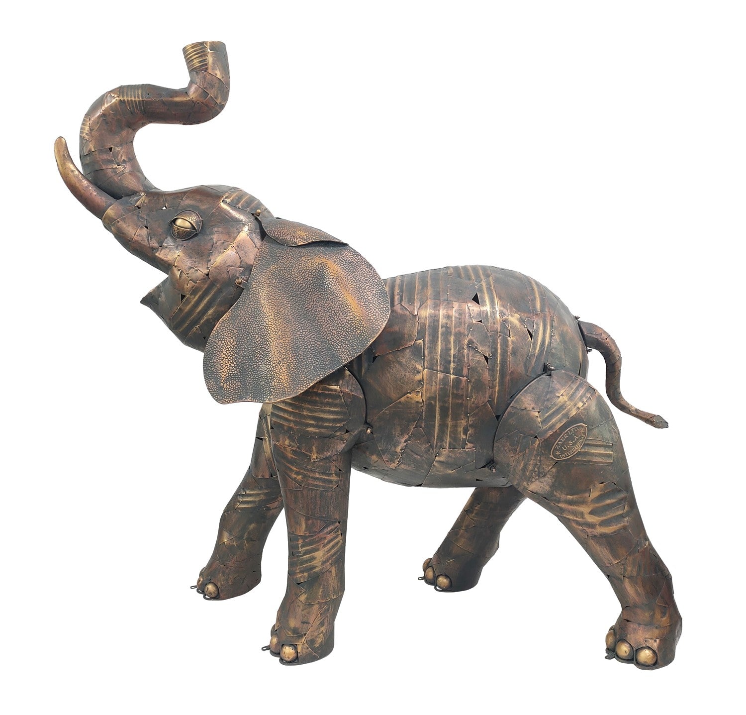 Bronze elephant sculpture on a white background life-size monument iron