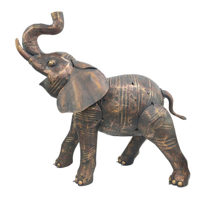 Bronze elephant sculpture on a white background life-size monument iron