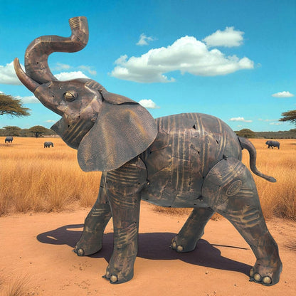 Life-size iron elephant statue with raised trunk displayed outdoors