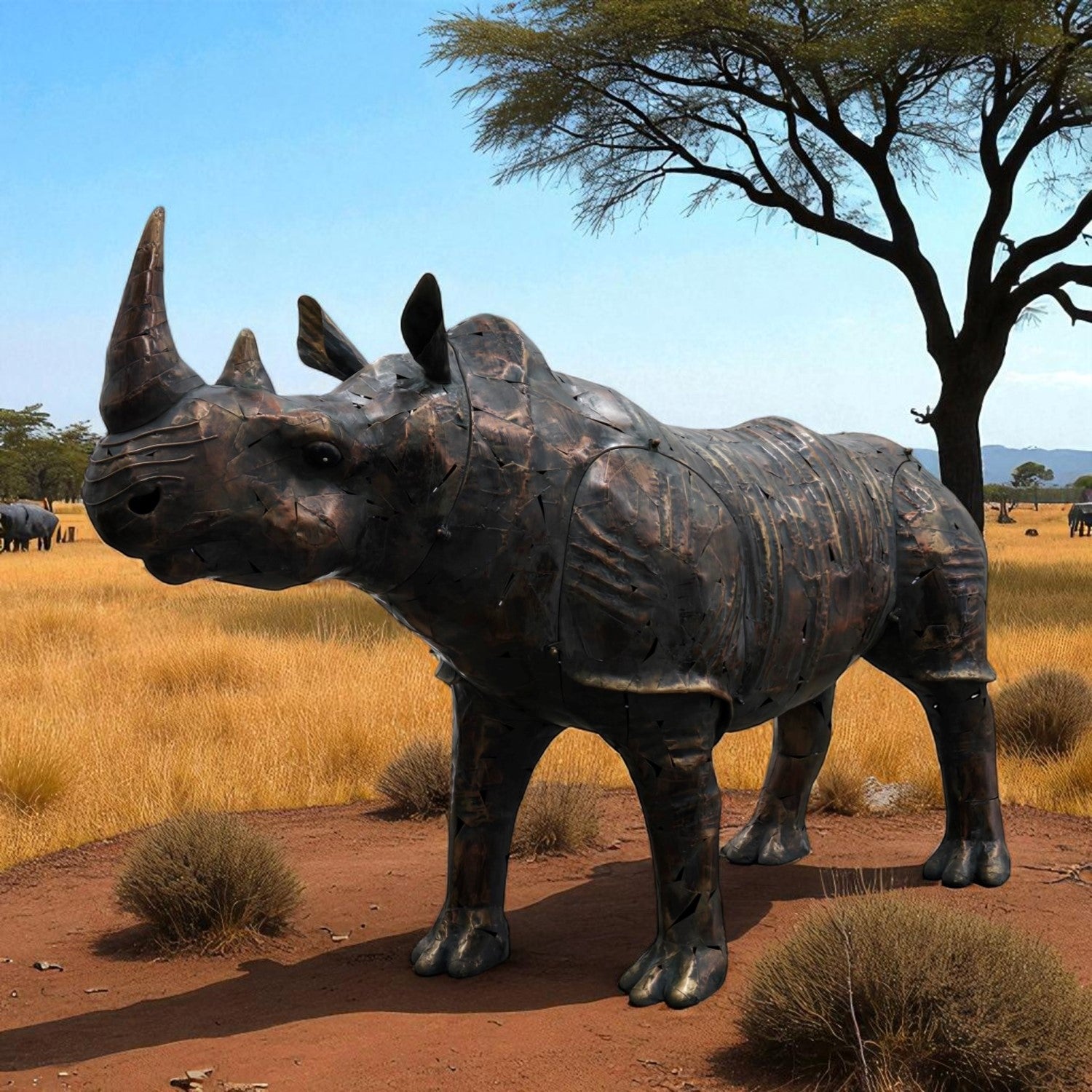 African Large life-size iron rhinoceros garden statue outdoors with rugged detailing