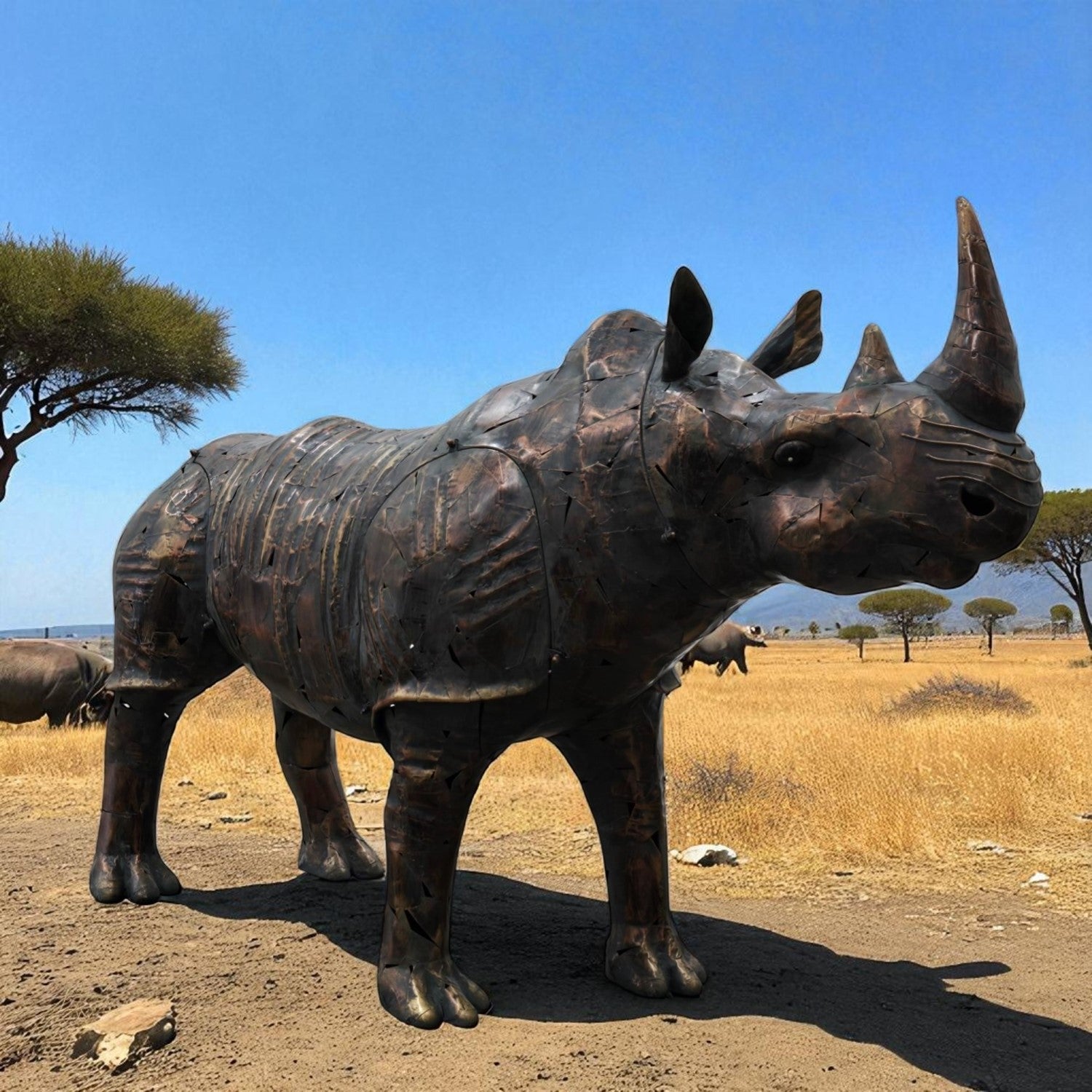 Side view Large life-size iron rhinoceros garden statue outdoors with rugged detailing