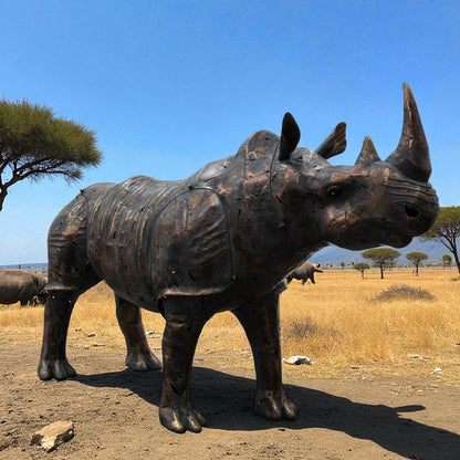 Side view Large life-size iron rhinoceros garden statue outdoors with rugged detailing