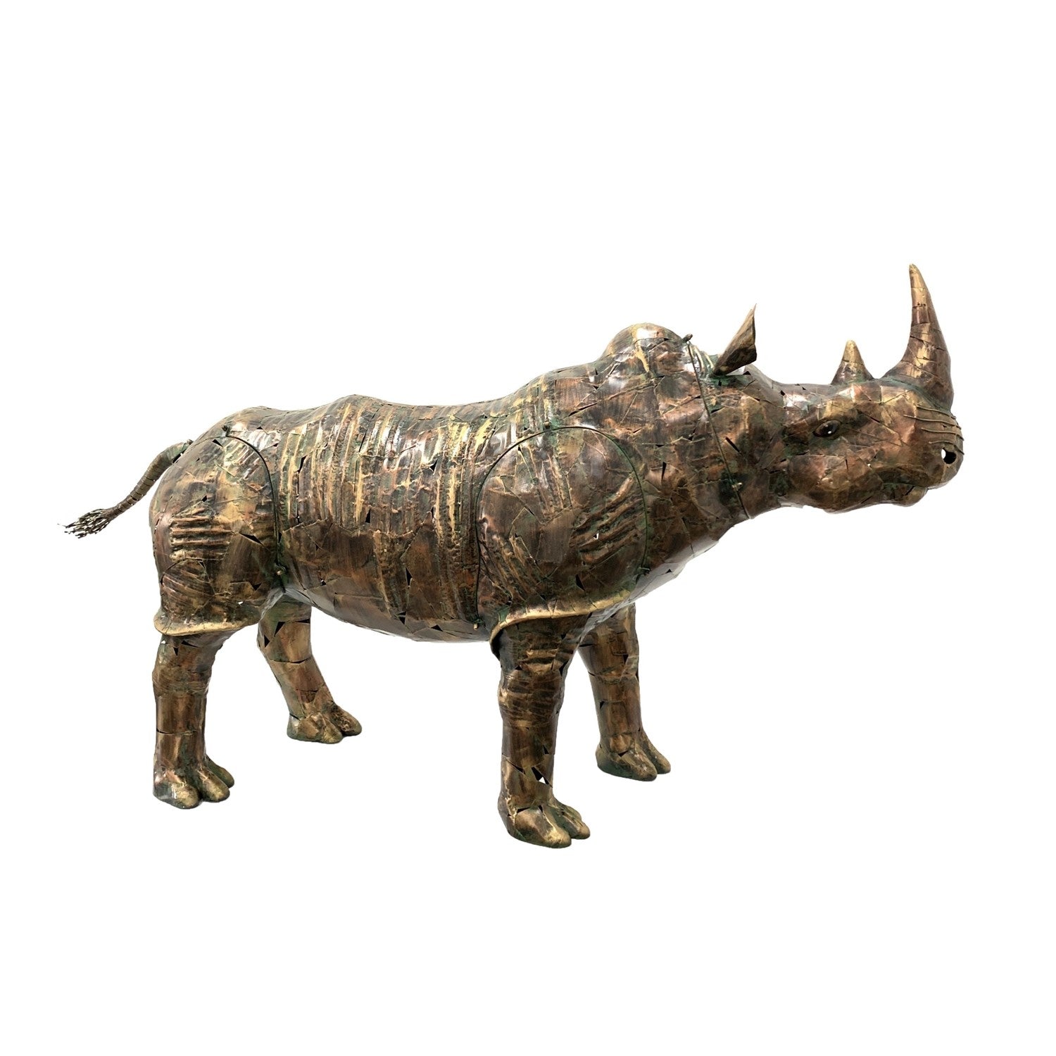 Monumental Large life-size iron rhinoceros garden statue outdoors with rugged detailing