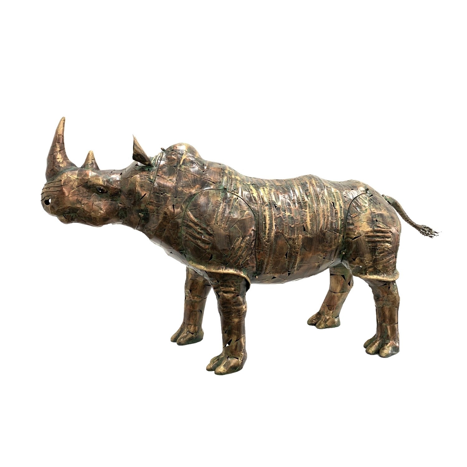 Large life-size iron rhinoceros garden statue outdoors with rugged detailing