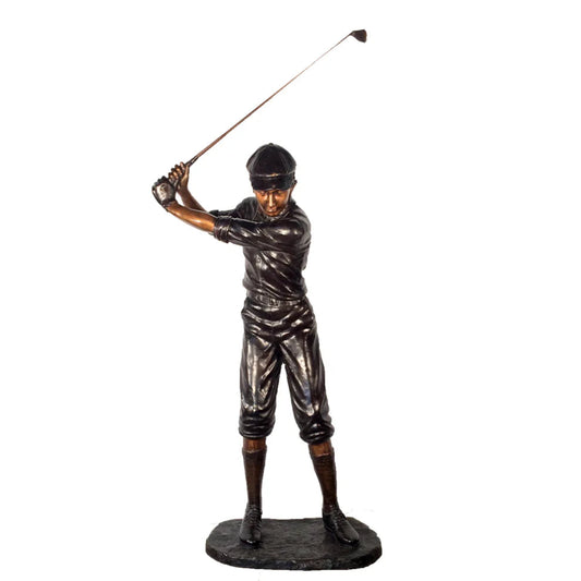bronze golfer statue close up detail face and swing position golf sculpture realistic features