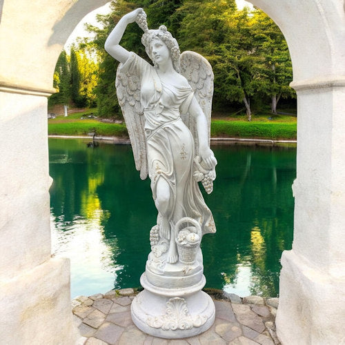Angel of the Harvest Life-Size Garden Sculpture with Grapes and Fruit Basket