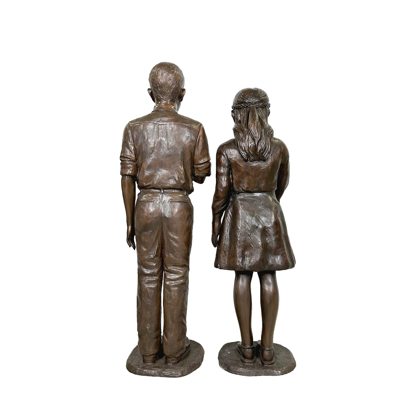 Back View Boy & Girl Pledge of Allegiance Life-Size Bronze Statues Pair Patriotic Sculptures