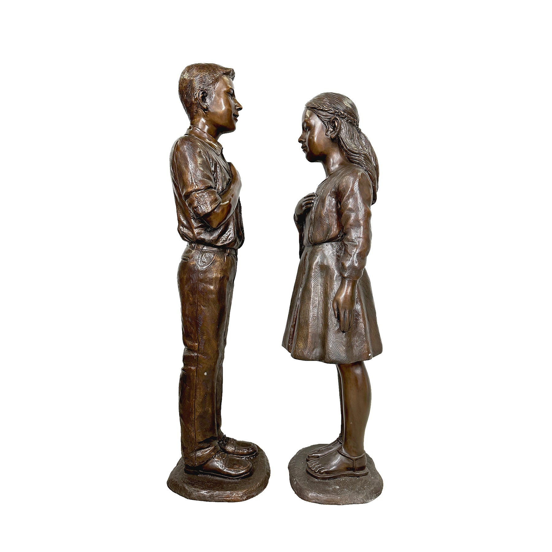 Boy & Girl Pledge of Allegiance to the flag Life-Size Bronze Statues Pair Patriotic Sculptures