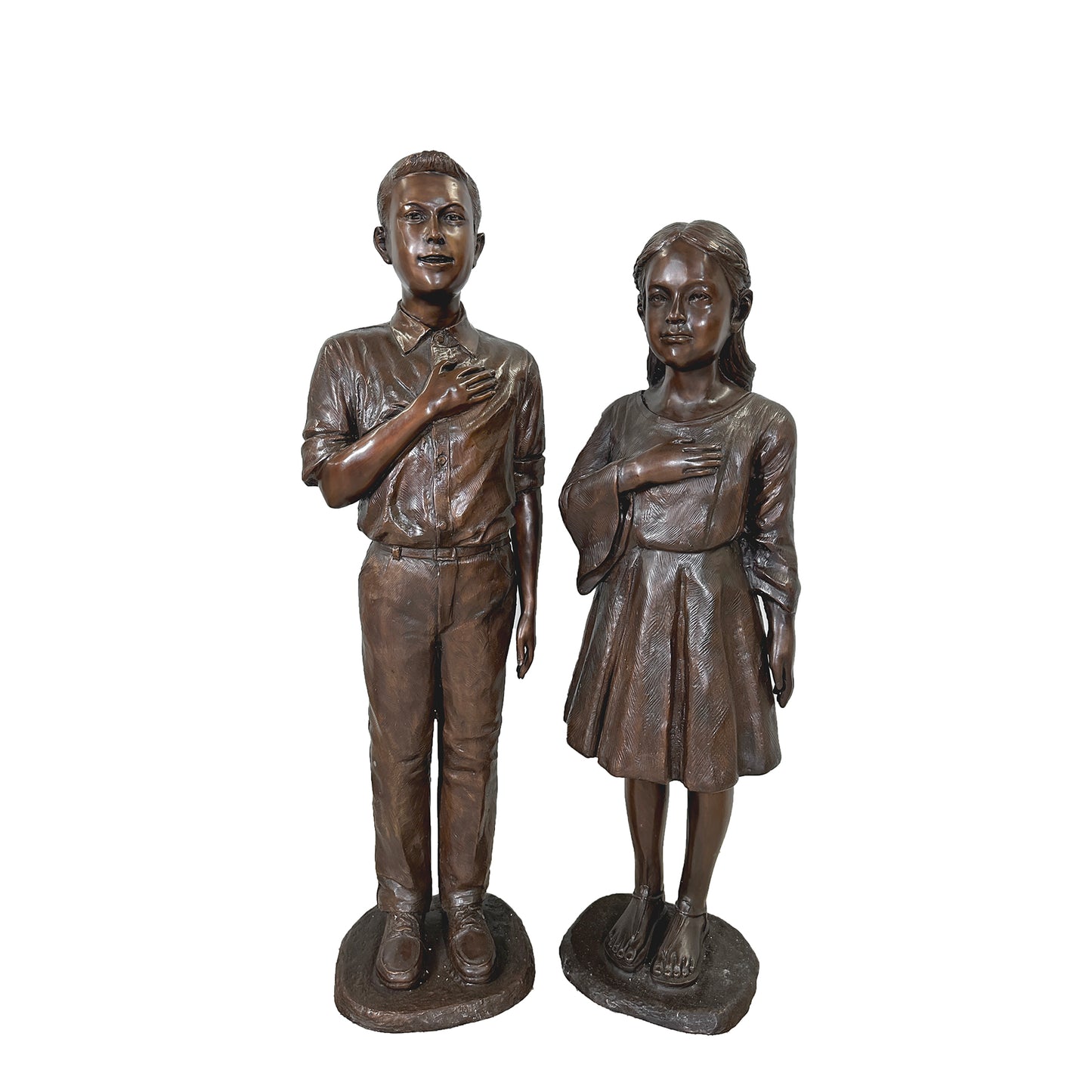 Large Scale Boy & Girl Pledge of Allegiance Life-Size Bronze Statues Pair Patriotic Sculptures