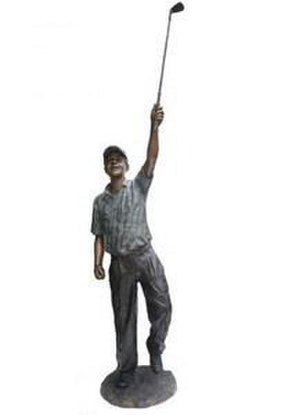 Life size bronze golfer boy with club raised straight up in celebration