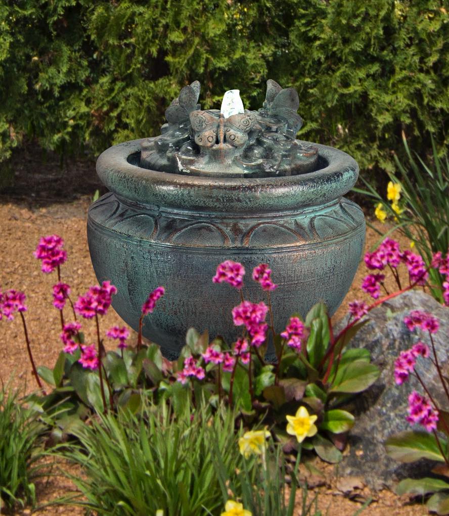 Lighted Butterfly Garden Fountain three butterflies surround top of spouting water