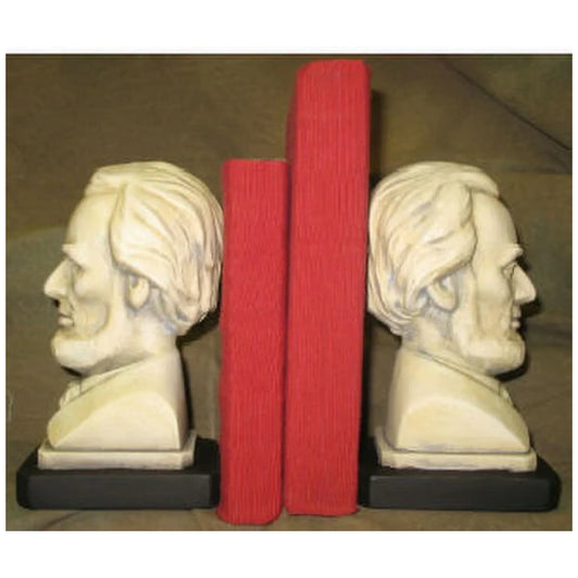 Busts of Lincoln Bookend set, white plaster, holding two red books up.