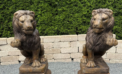 Regal guardian lion statues left and right pair by Henri Studio crafted in cement