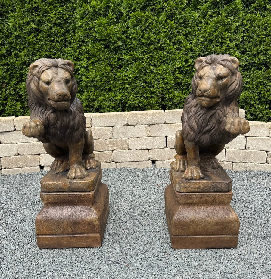 Lion Right And Left Paw Up & Base Set Noble Pair of Sculptures Entryway Noble