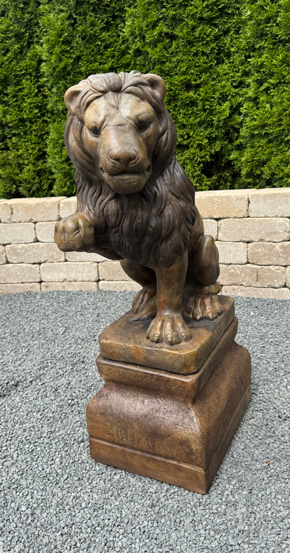 Lion Right Paw Up & Base Statue Set Outdoor Cement Statuary Regal Sculpture on pedestal