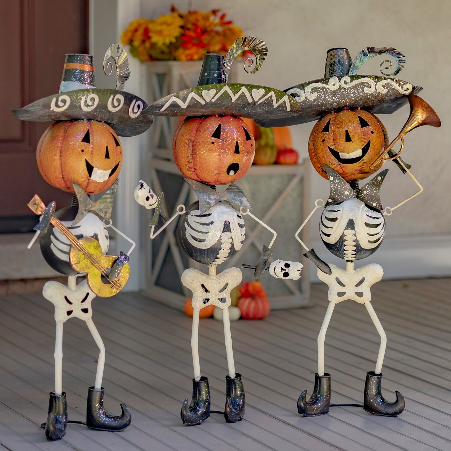 Los Tres Calaveras pumpkin skeleton mariachi band set of three