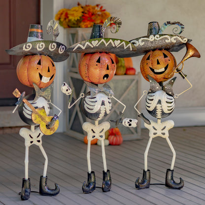 Los Tres Calaveras pumpkin skeleton mariachi band set of three