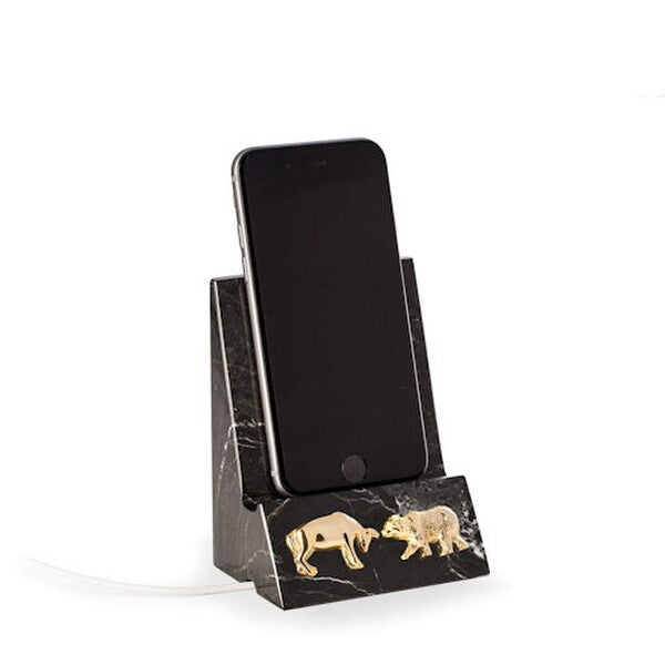 Stock Market Black Marble Phone Stand with Brass Bull and Bear Relief