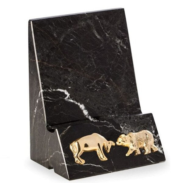 Stock Market Black Marble Phone Stand with Brass Bull and Bear Sculptural