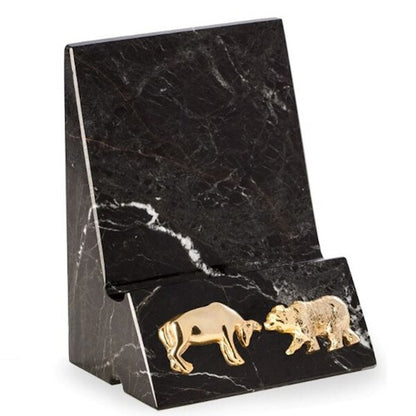 Stock Market Black Marble Phone Stand with Brass Bull and Bear Sculptural