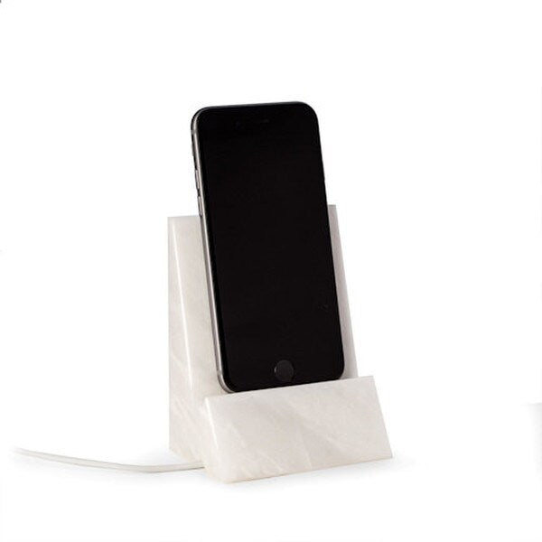 Pure white marble phone holder has a hole for charging cords gift solid