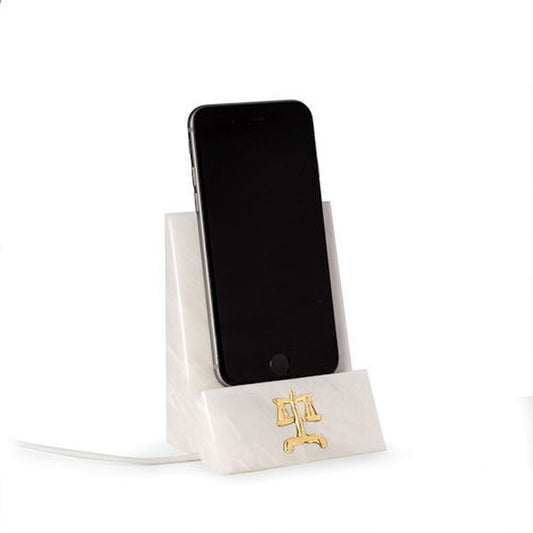 Themis Phone Stand White Marble with Brass Legal Insignia Scales of Justice