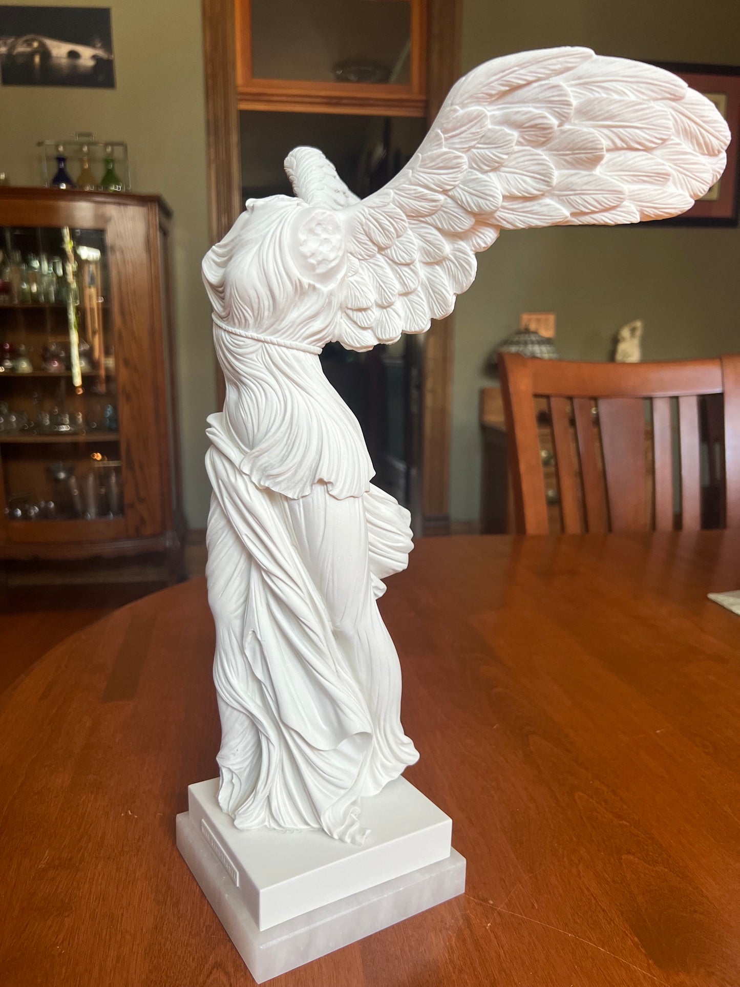 Marble Nike Greek goddess sculpture with alabaster base for sale