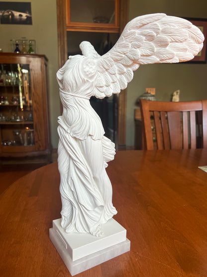 Marble Nike Greek goddess sculpture with alabaster base for sale