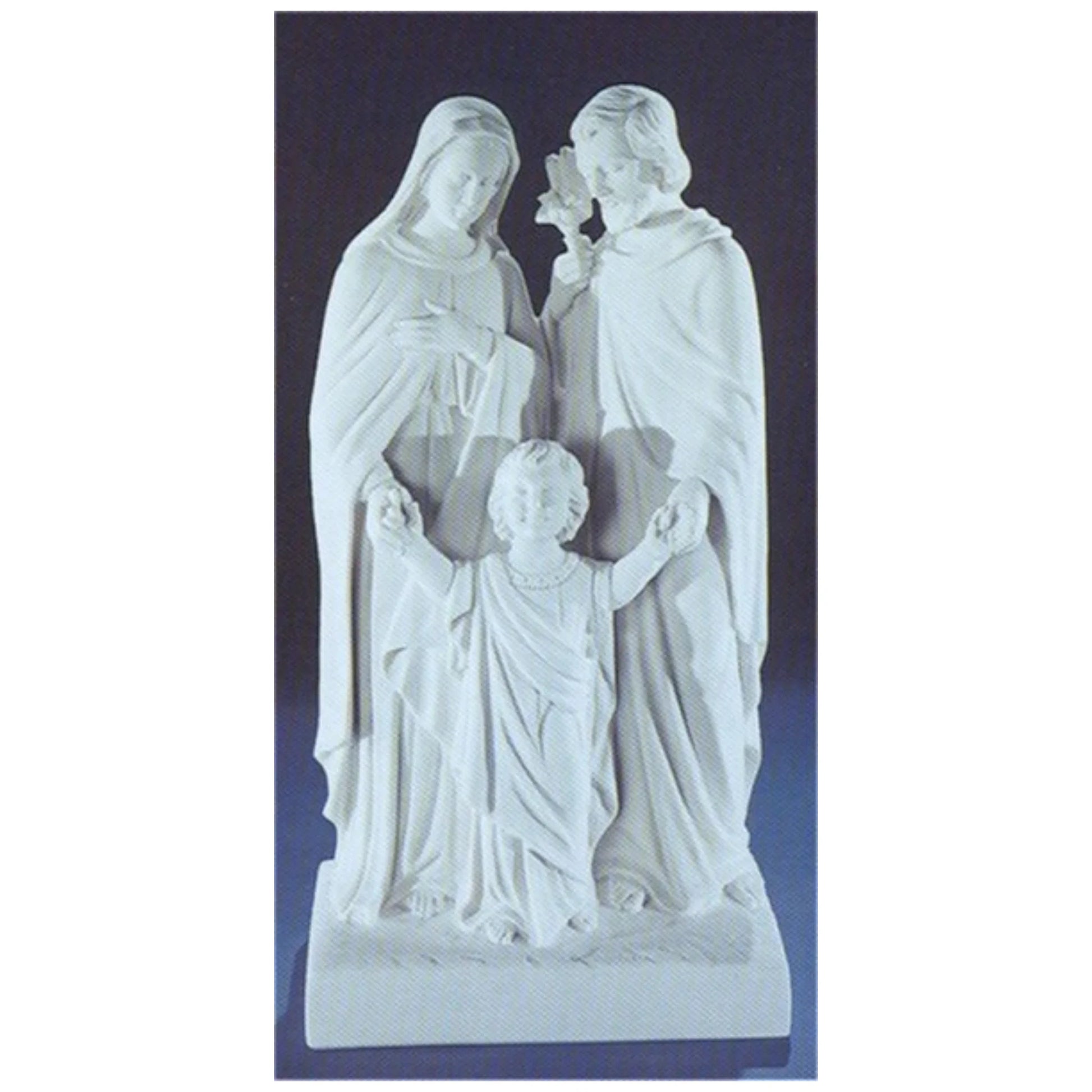 20-inch Sacred Family statue in white Italian marble, displayed outdoors in a garden setting with soft natural lighting