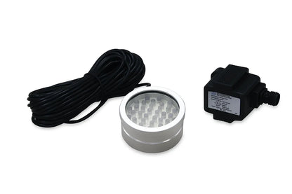 An underwater LED light kit featuring a silver cylindrical light fixture, a coiled black cable, and a black waterproof power adapter, shown on a plain white background.