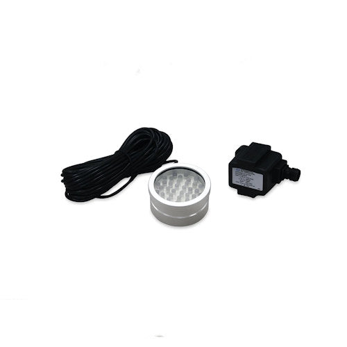 An underwater LED light kit featuring a round silver aluminum light fixture, a coiled black cable, and a black electronic control module, shown on a plain white background.