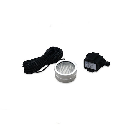 An underwater LED light kit featuring a round silver aluminum light fixture, a coiled black cable, and a black electronic control module, shown on a plain white background.