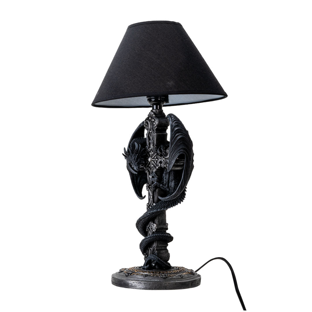 Side view Dragon sculptural table lamp with winged dragon wrapped around gothic column