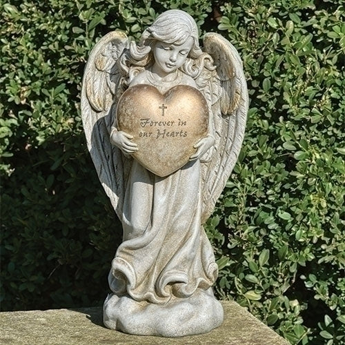 Memorial heart angel statue holding gold heart with Forever in our heart verse