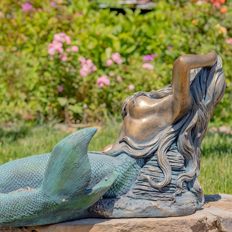 back view 36 inch Long Mermaid Reclining on Rock Garden Statue in Antique Bronze
