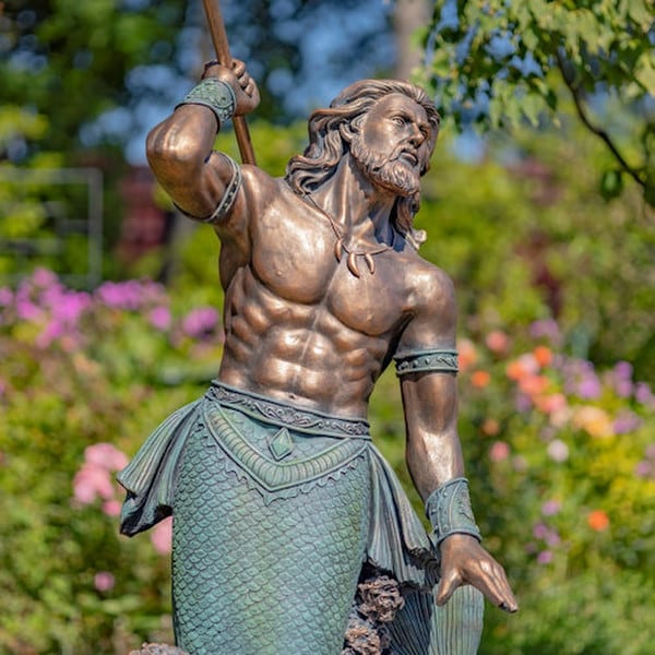 Merman Garden Sculpture Throwing Trident mermaid statue