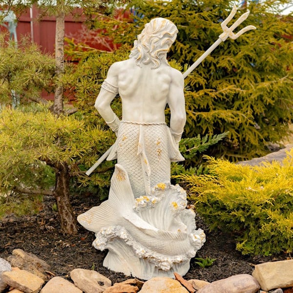 Merman Garden Statue Holding Trident back view of Sculpture