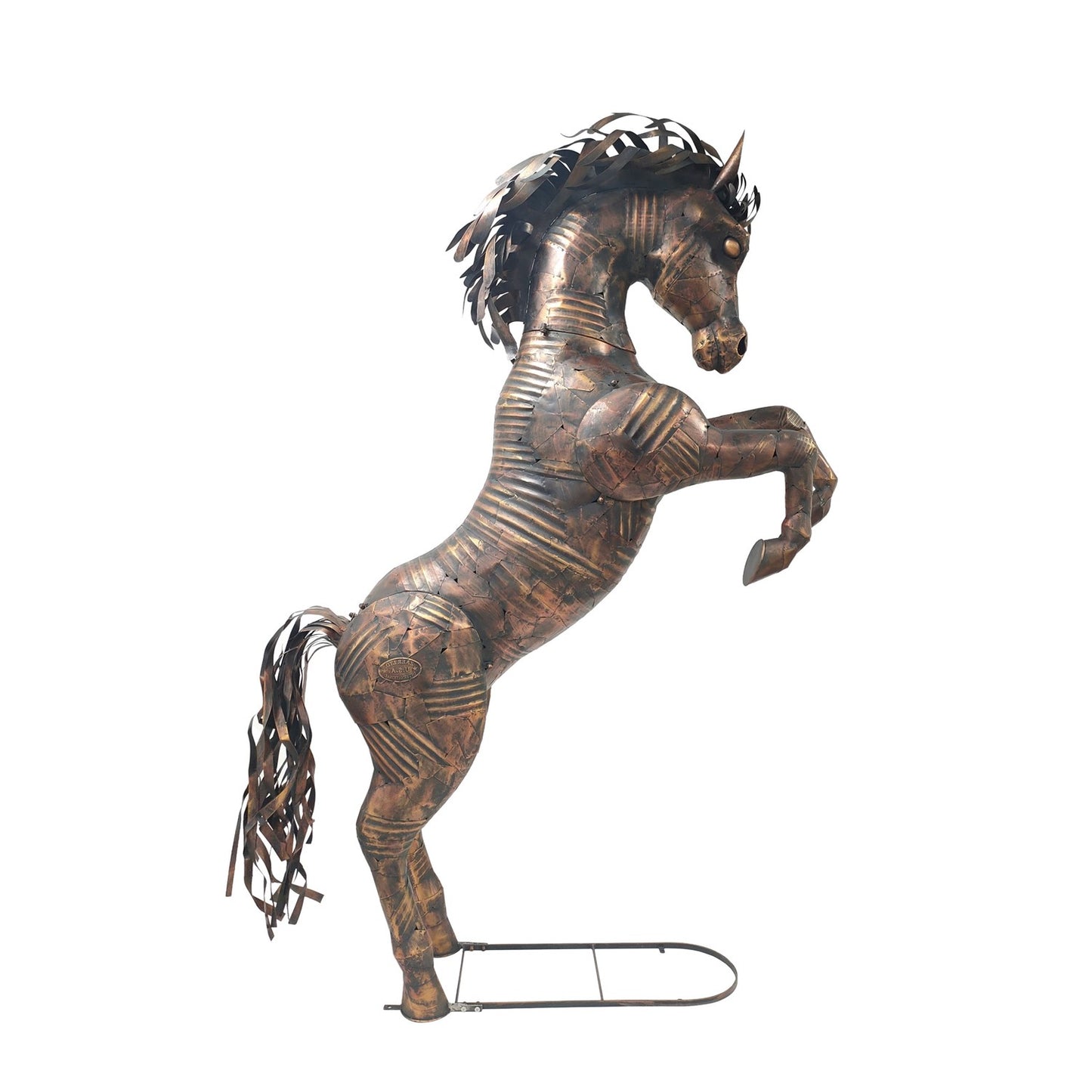 Life-size iron rearing horse stallion garden statue outdoors side view