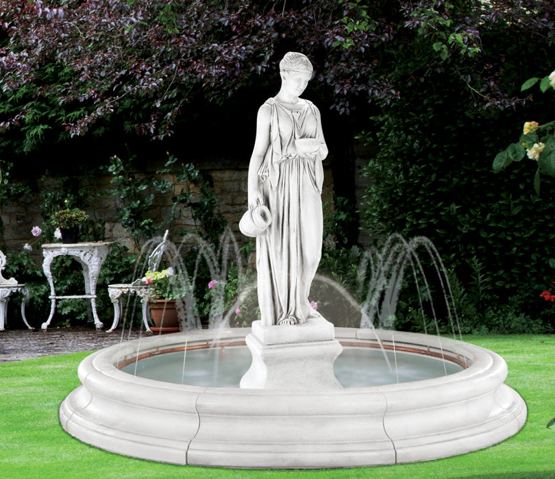 Monumental cast stone Hebe courtyard fountain with copper ring Danish sculptor Bertel Thorvaldsen