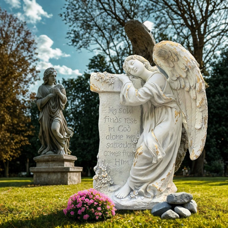 Grieving Angel Memorial Garden Statue with Scripture Inscription