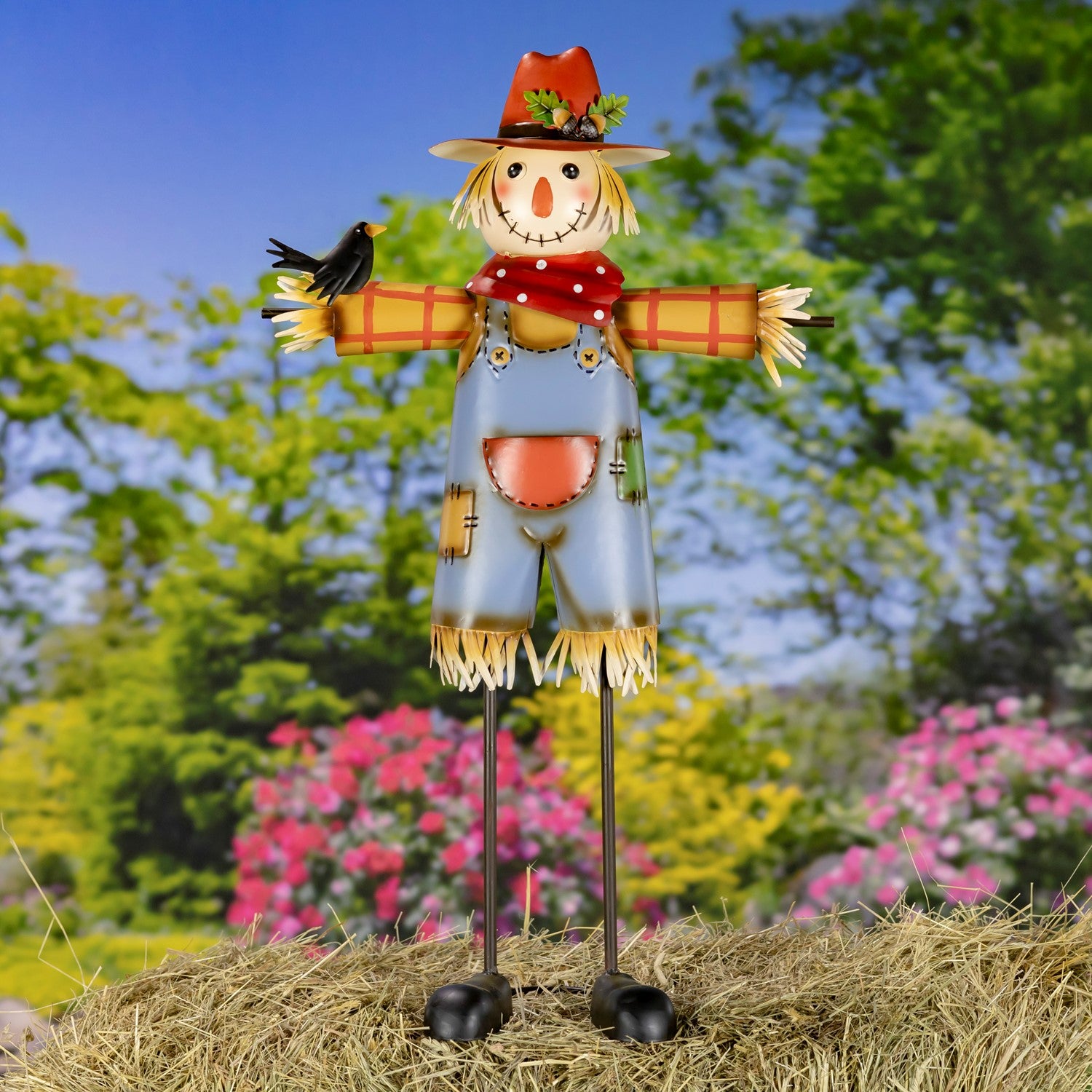 Mr. and Mrs. Scarecrow Fall Garden Sculpture Pair 30 inches High with crow and hat statue