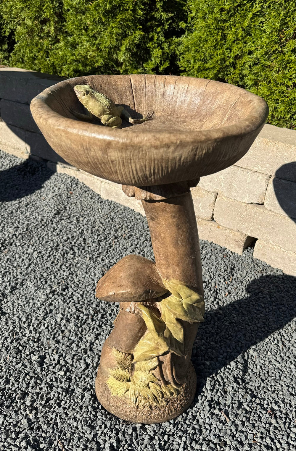 Large Mushroom Cement Birdbath with Frog peaking out of basin