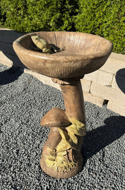 Large Mushroom Cement Birdbath with Frog peaking out of basin
