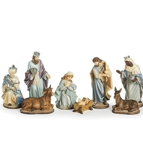 Set of nativity scene figurines on a white background Heirloom Blue Nativity with Holy Family and Kings