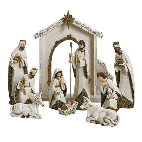 Nativity scene figurine set with stable and figures on a white background