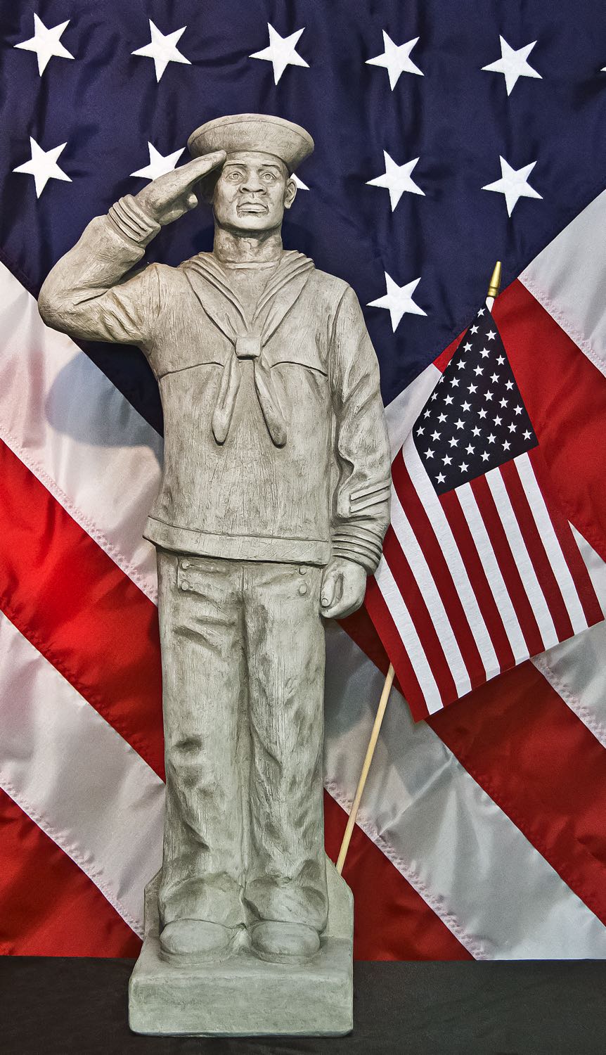 Navy Soldier in Uniform African American Veteran Garden Statue with flag in base