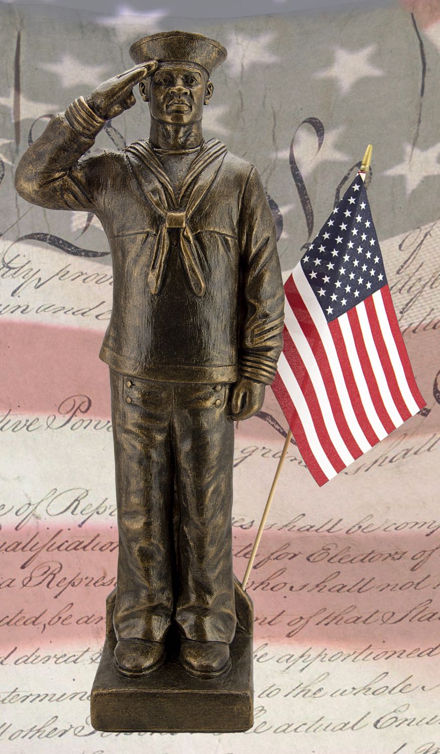 Navy Soldier in Uniform African American Veteran Garden Statue Saluting with Flag